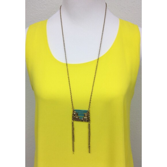 Bay to Baubles Pendant Necklace Indiana Beaded Turquoise Gold-Tone Square NIB - Picture 4 of 6